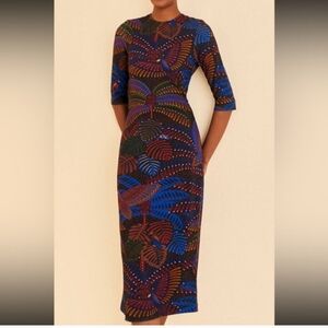 Farm Rio midnight island dress xs tropical birds leafs blue